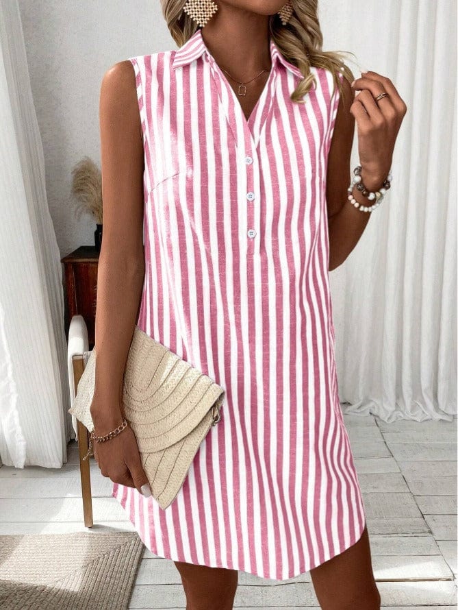 Women's Sleeveless Shirt Dress with Collar and Button Detail