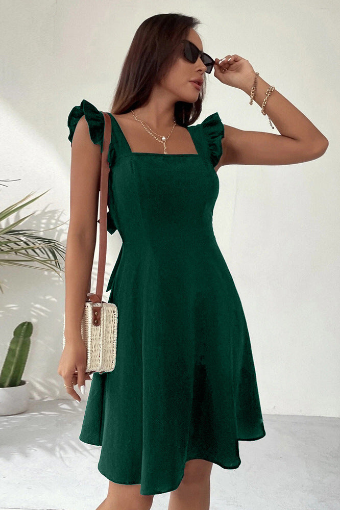 Women's Fit and Flare Dress with Ruffle Straps and Square Neckline