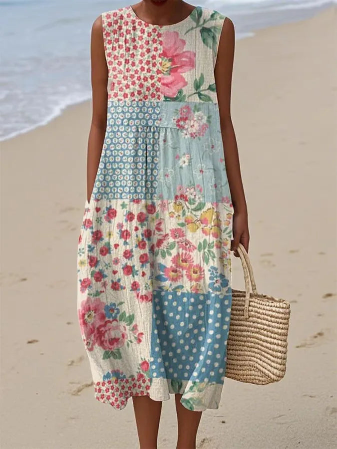 Adelina | Floral Patterned Patchwork Summer Maxi Dress