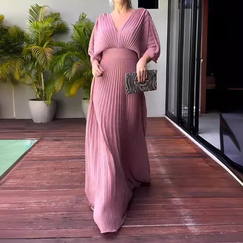 Women's Pleated Maxi Dress with V-Neck and Cape-Style Sleeves