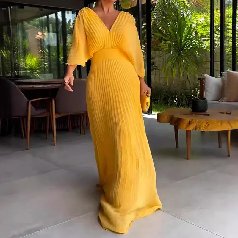 Women's Pleated Maxi Dress with V-Neck and Cape-Style Sleeves