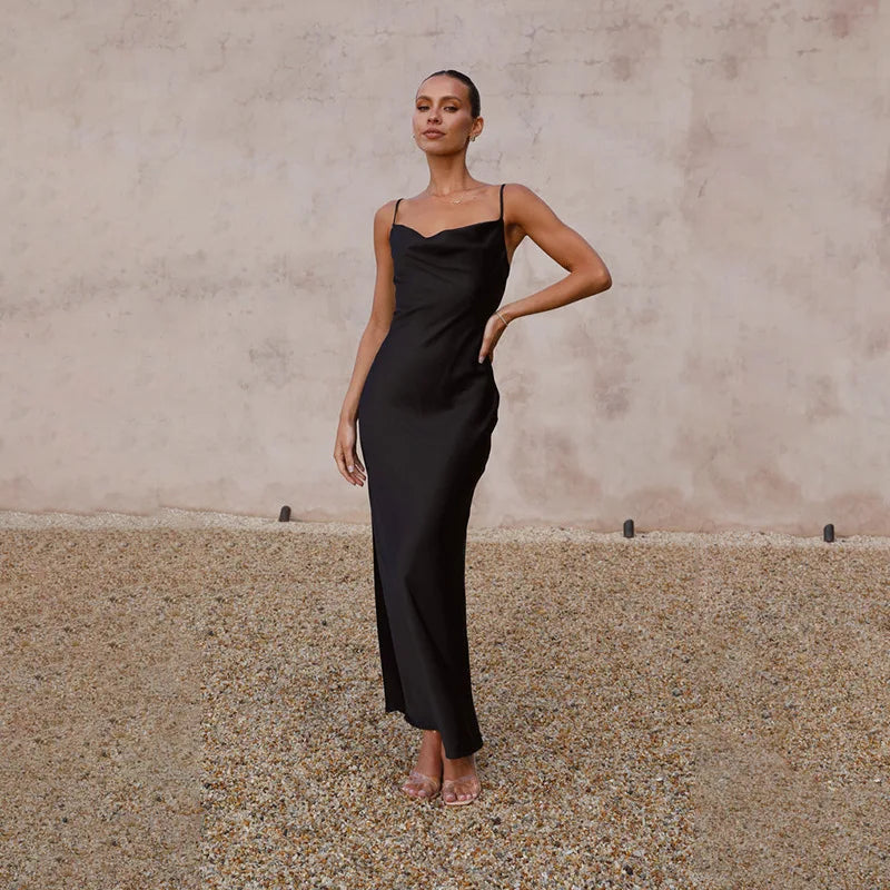 Women's Spaghetti Strap Maxi Dress with Draped Neckline
