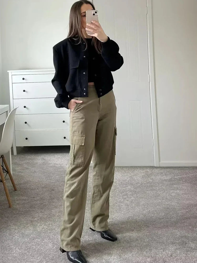 Women's Cropped Bomber Jacket with Snap Buttons and Utility Pockets