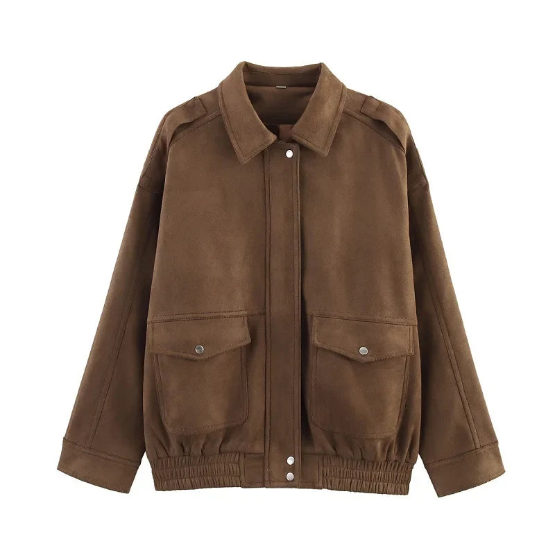 Women's Streetwear Bomber Jacket with Snap Buttons and Flap Pockets