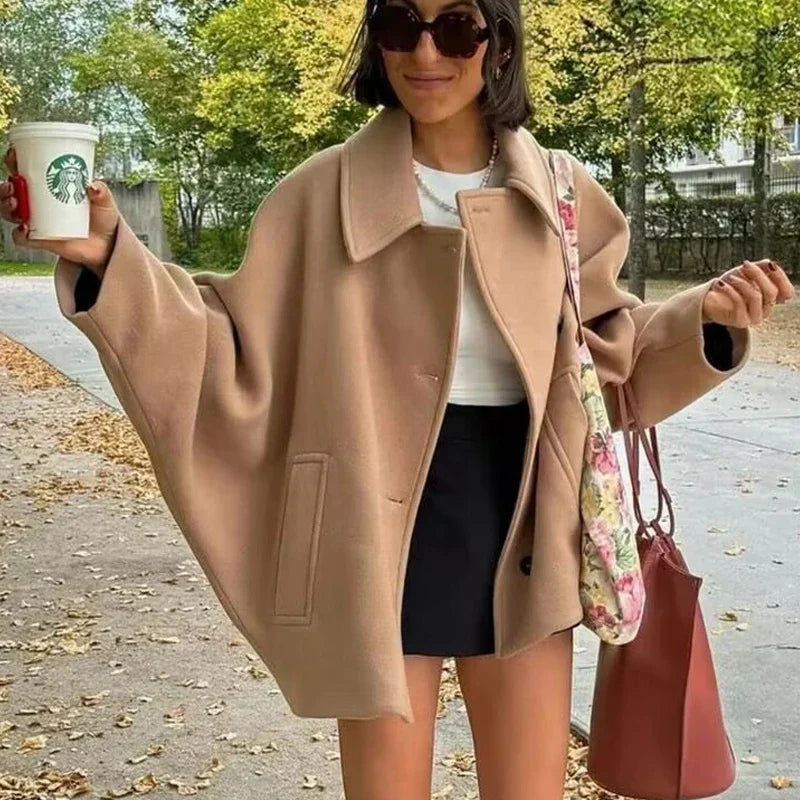 Women's Oversized Winter Coat with Long Sleeves and Button Front