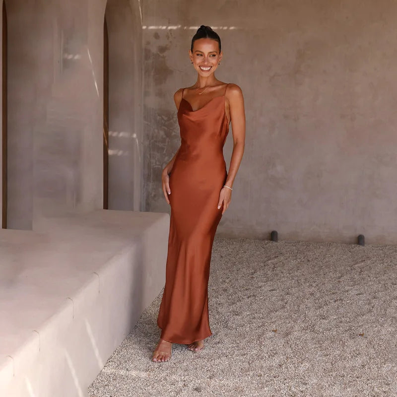 Women's Spaghetti Strap Maxi Dress with Draped Neckline