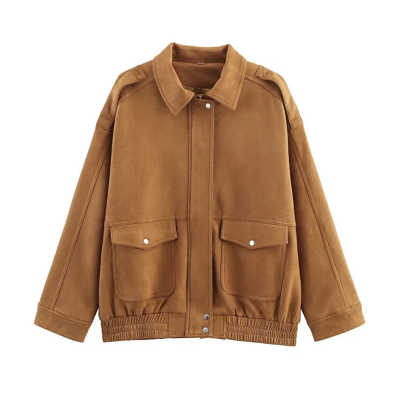 Women's Streetwear Bomber Jacket with Snap Buttons and Flap Pockets