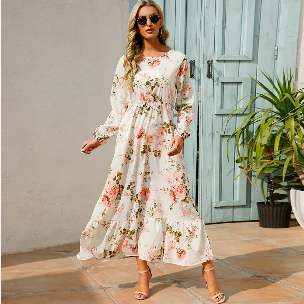 Women's Long Sleeve Maxi Dress with Floral Print and Cinched Waist
