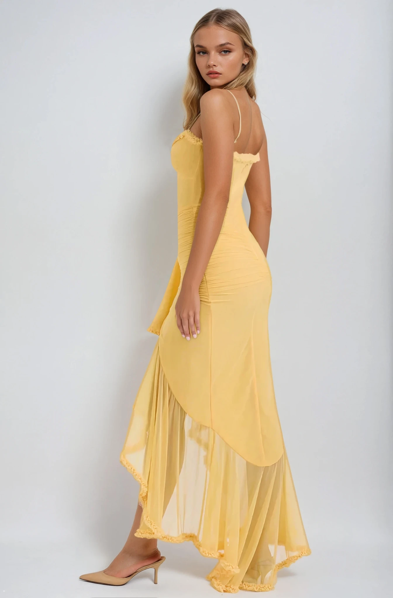 Women's Ruffle Maxi Dress with Spaghetti Straps and Ruched Waist