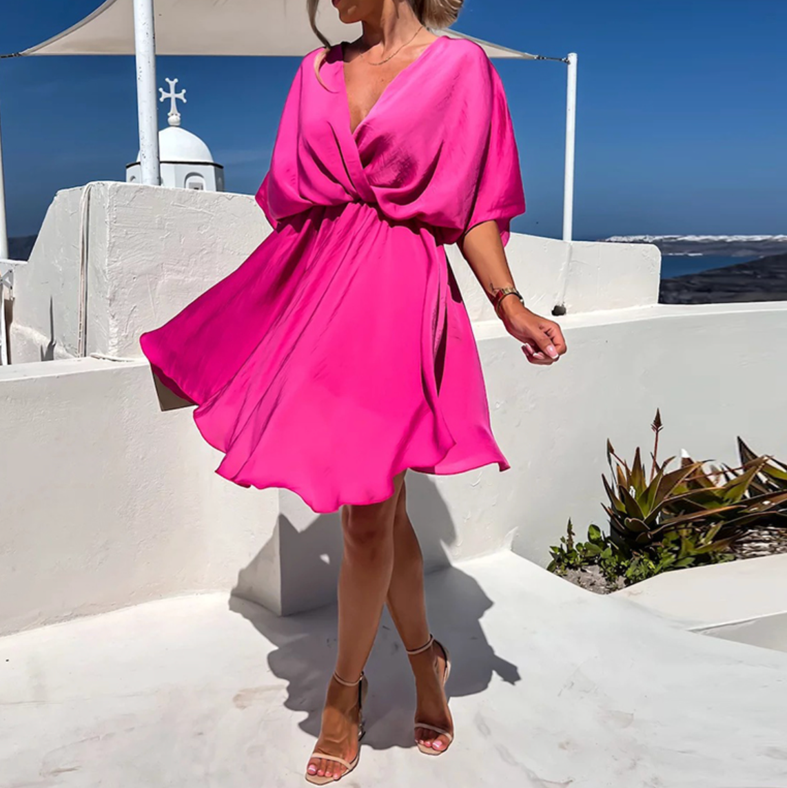 Women's Draped V-Neck Mini Dress with Flowing Short Sleeves