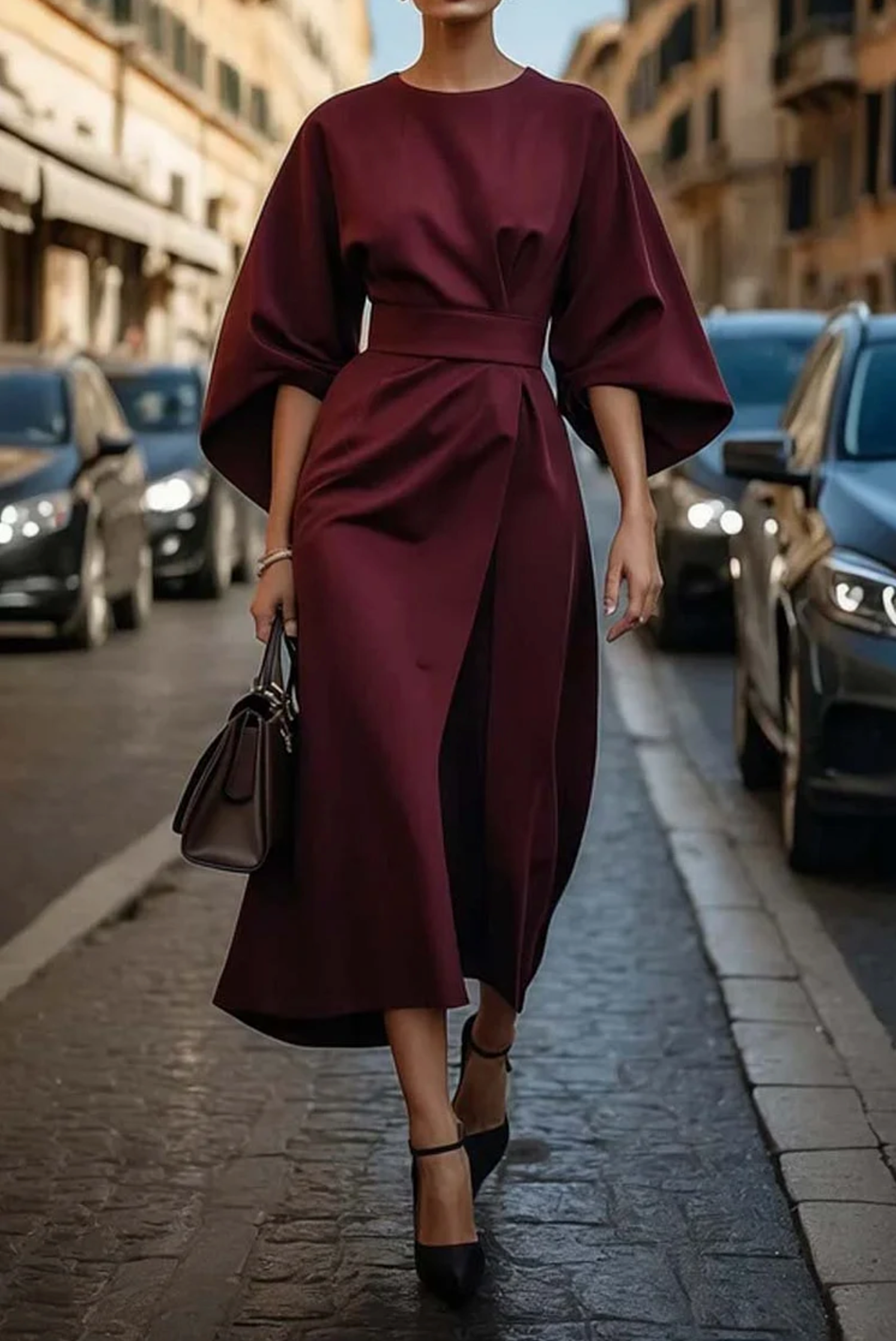 Louise Women's Dress – Feminine Dress with Puff Sleeve Detail and Adjustable Belt