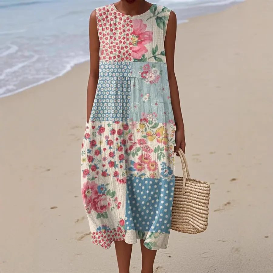 Adelina | Floral Patterned Patchwork Summer Maxi Dress