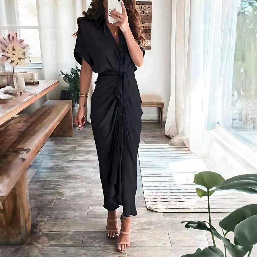 Women's Ruched Shirt Maxi Dress with Tie Waist and Button Front