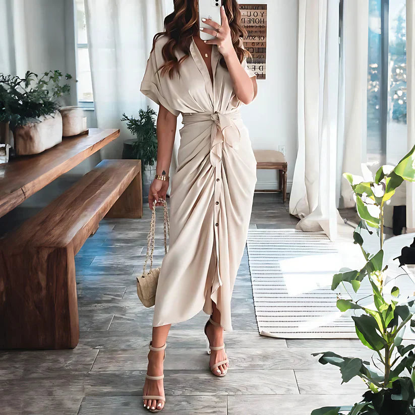 Women's Ruched Shirt Maxi Dress with Tie Waist and Button Front