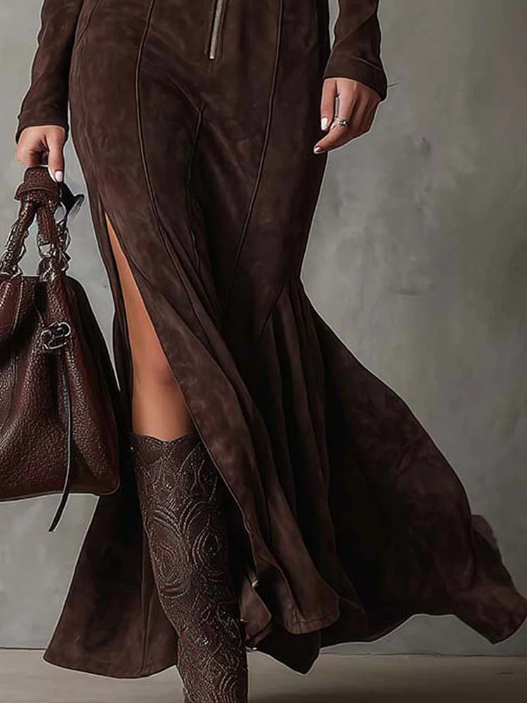Cataina™ | Brown Vintage Long Dress with Belt