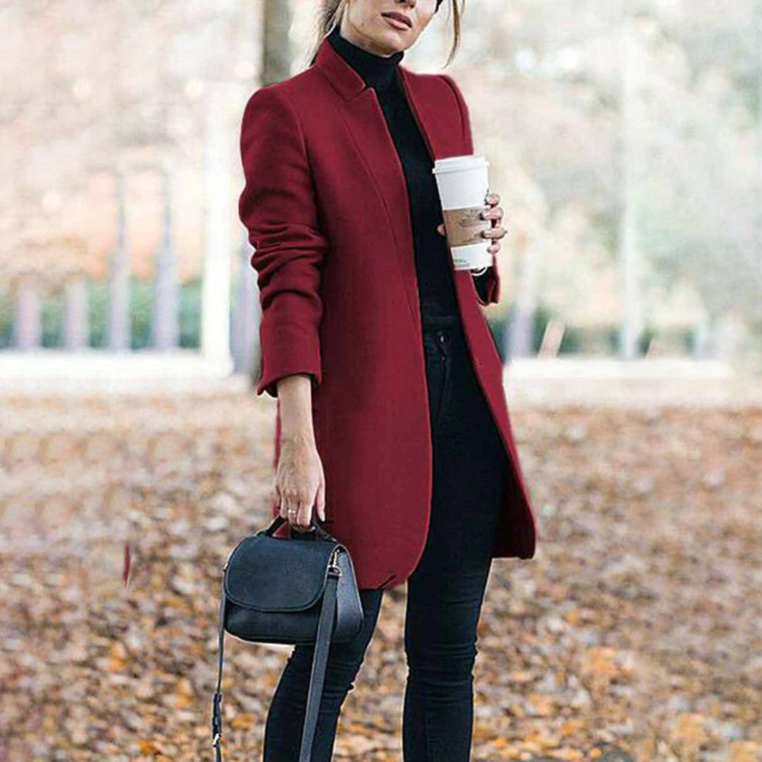 Women's Long Wool Trench Coat with Stand Collar and Sleek Fit