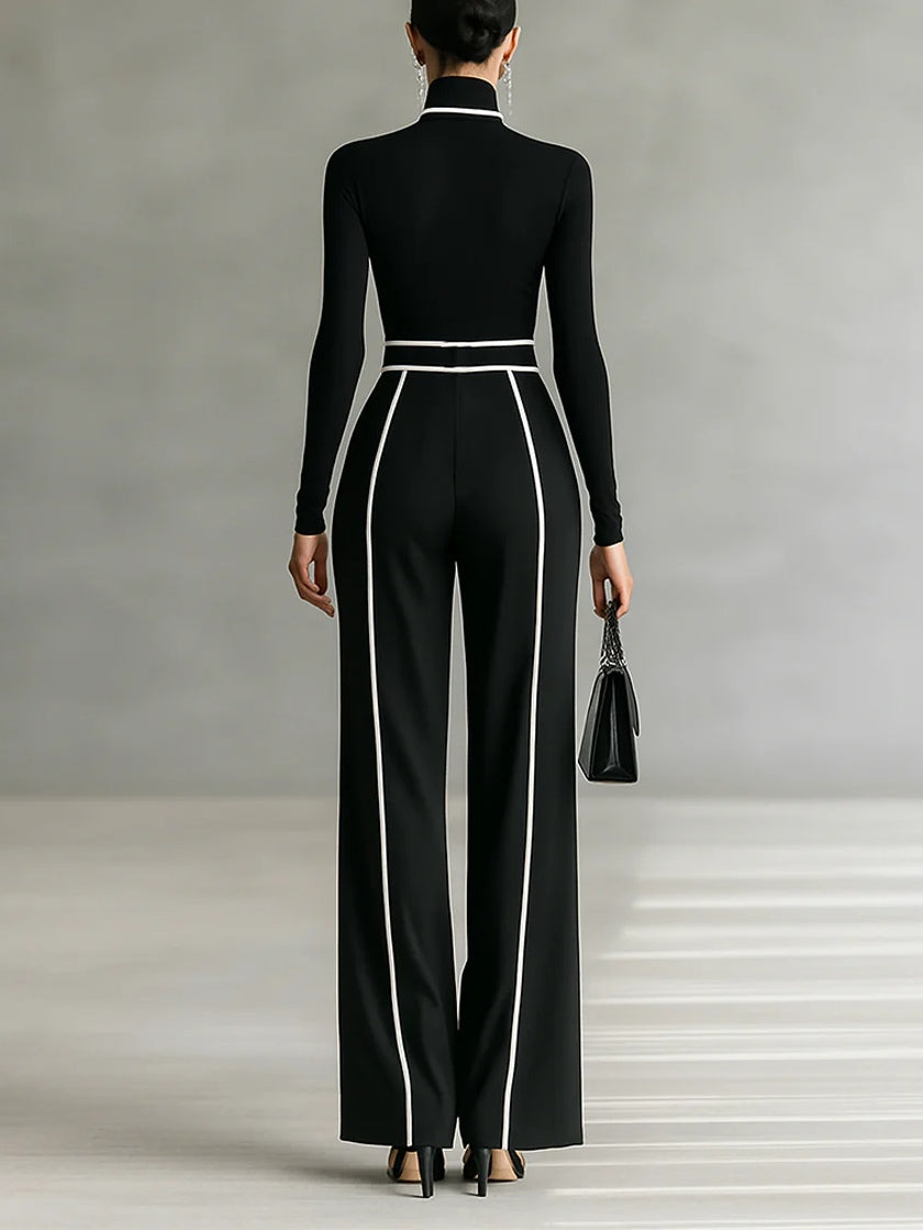 Carla | Long-sleeve high-neck top with white trim, wide-leg trousers, and belt