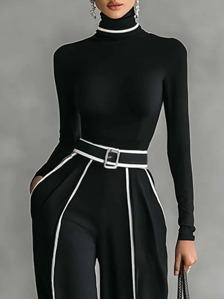 Carla | Long-sleeve high-neck top with white trim, wide-leg trousers, and belt