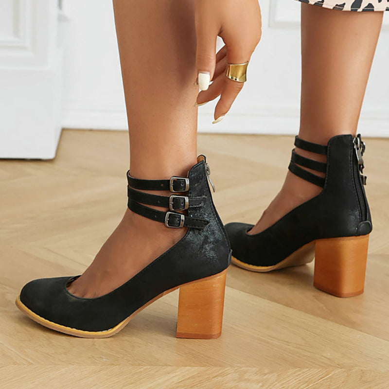 Lorna - Smooth sandals with ankle strap and chunky heel