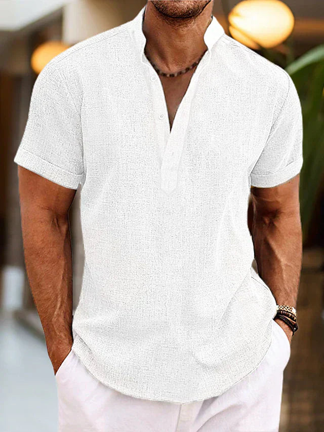 Silas Linen Shirt for Men – Short Sleeve, Breathable Henley Collar Shirt for Summer