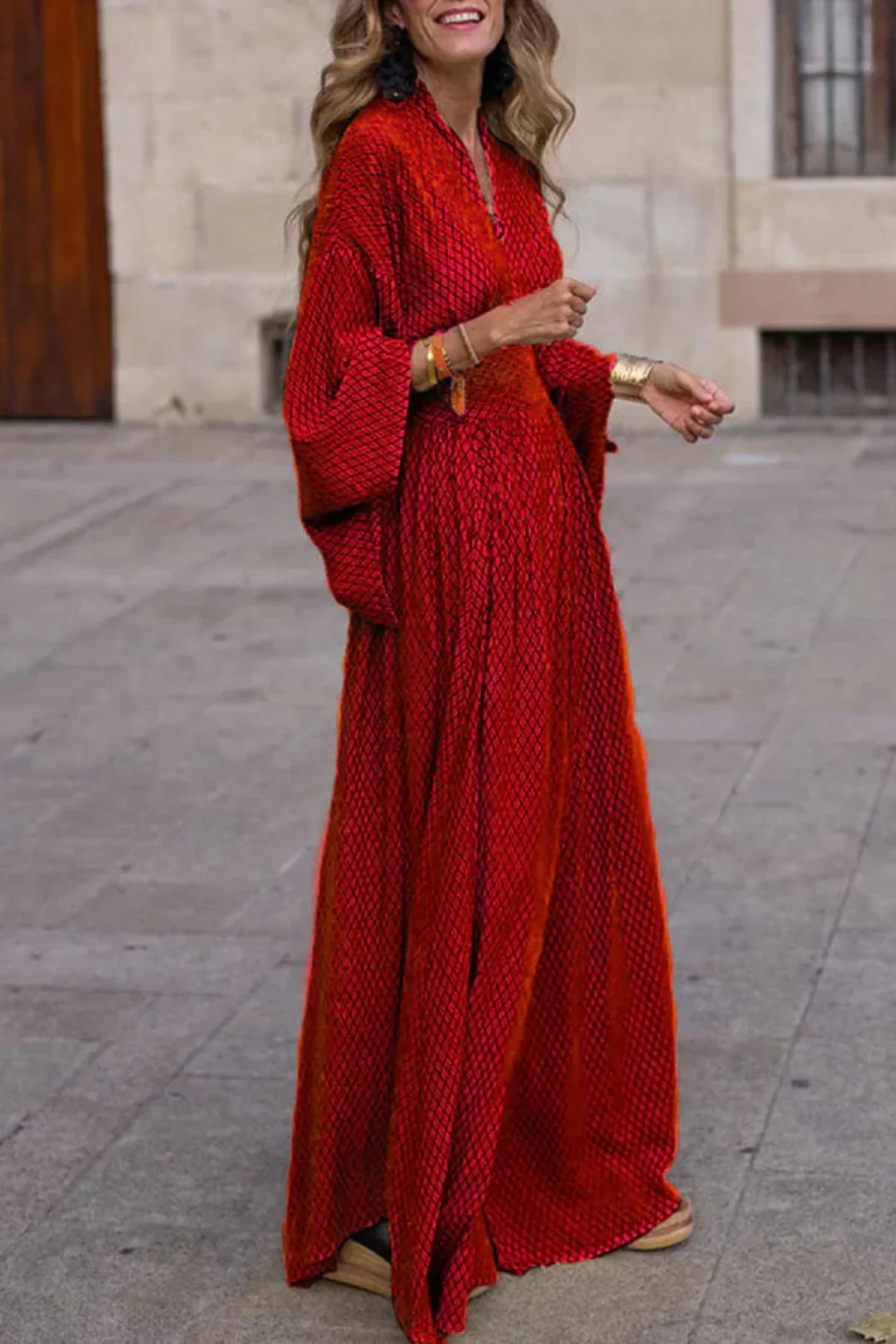 Women's Geometric Print Maxi Dress with Long Sleeves and V-Neck