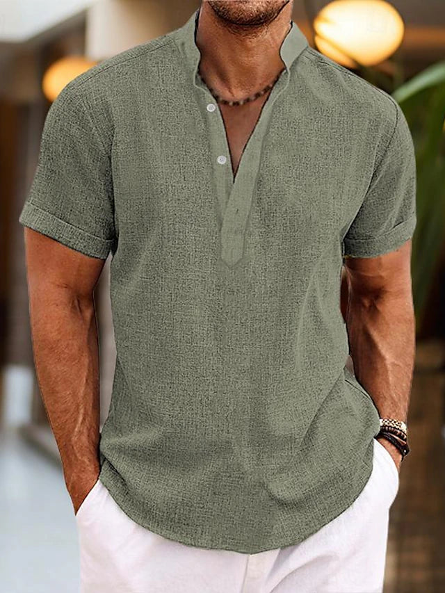 Silas Linen Shirt for Men – Short Sleeve, Breathable Henley Collar Shirt for Summer