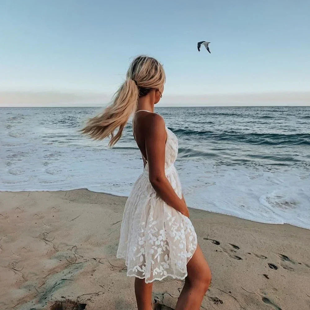 Women's Lace Mini Dress with Adjustable Straps and Floral Embroidery