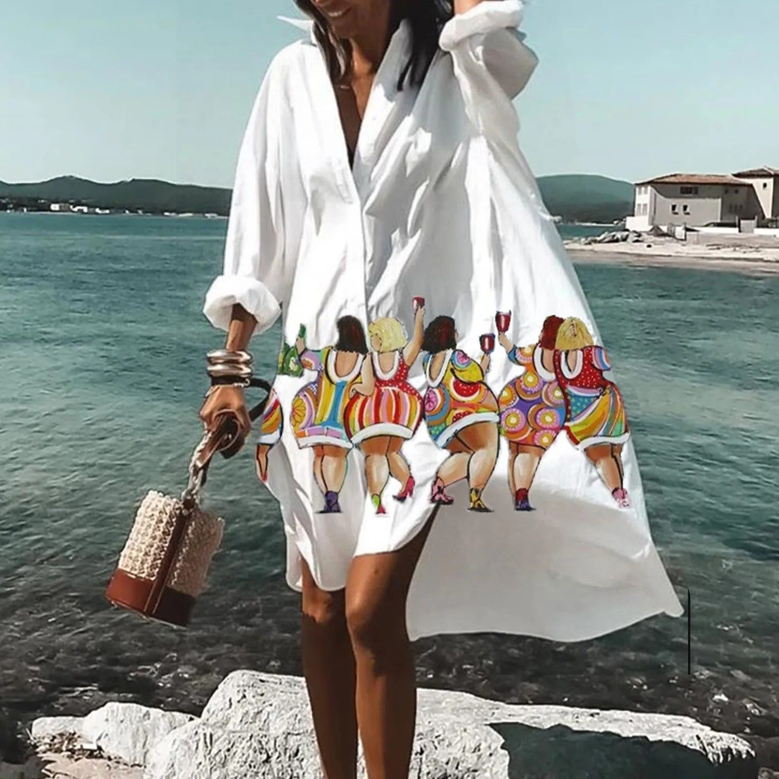 Women's Oversized Shirt Dress with Artistic Print and Button Front