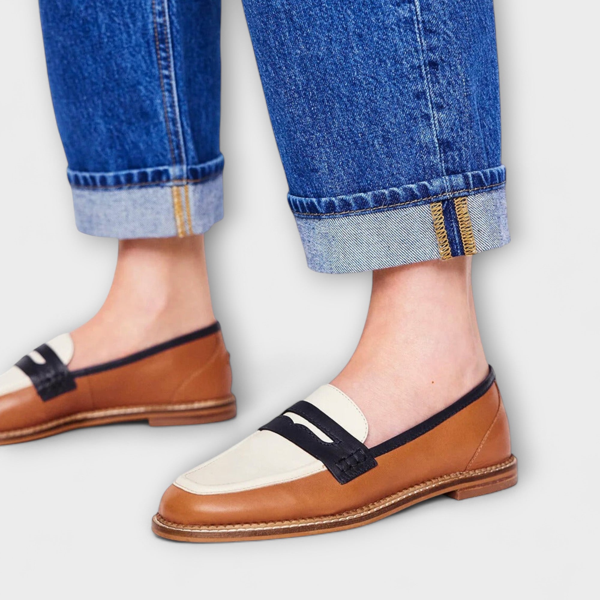 Oceane – Brown Moccasin with Round Toe and Colour Block Design