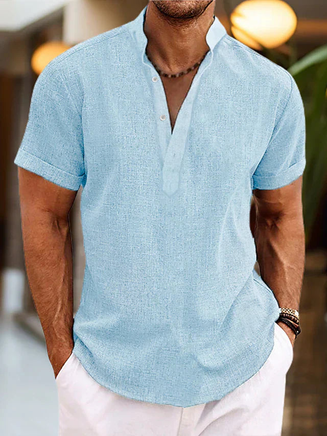 Silas Linen Shirt for Men – Short Sleeve, Breathable Henley Collar Shirt for Summer