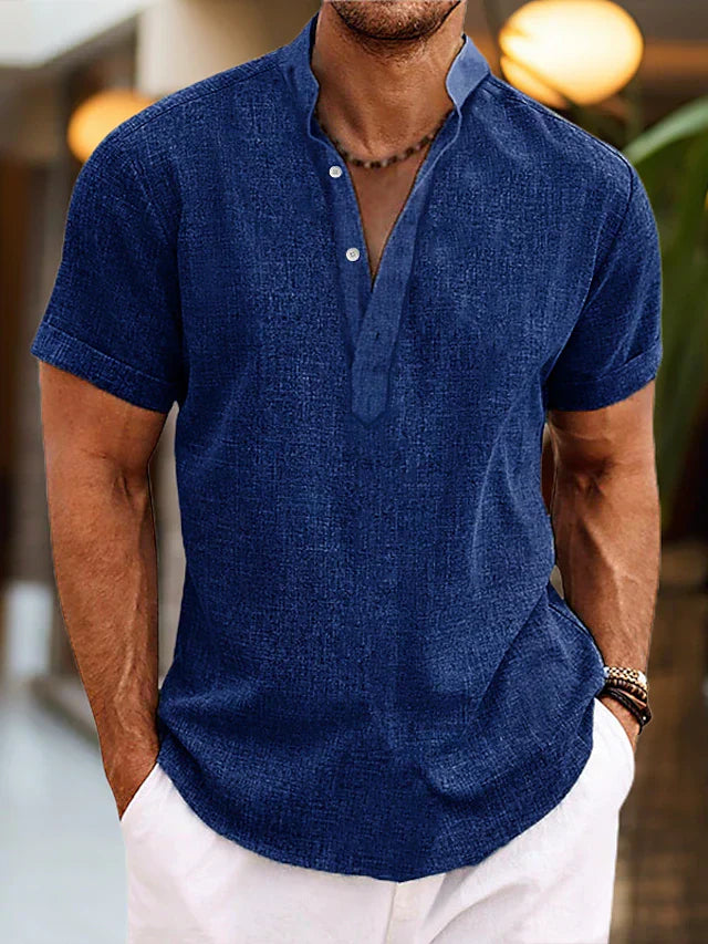 Silas Linen Shirt for Men – Short Sleeve, Breathable Henley Collar Shirt for Summer