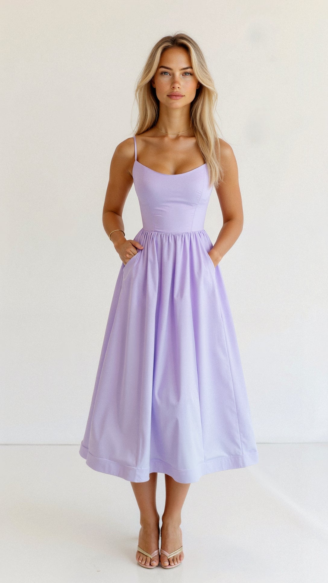 Women's Midi Dress with Spaghetti Straps and A-Line Silhouette