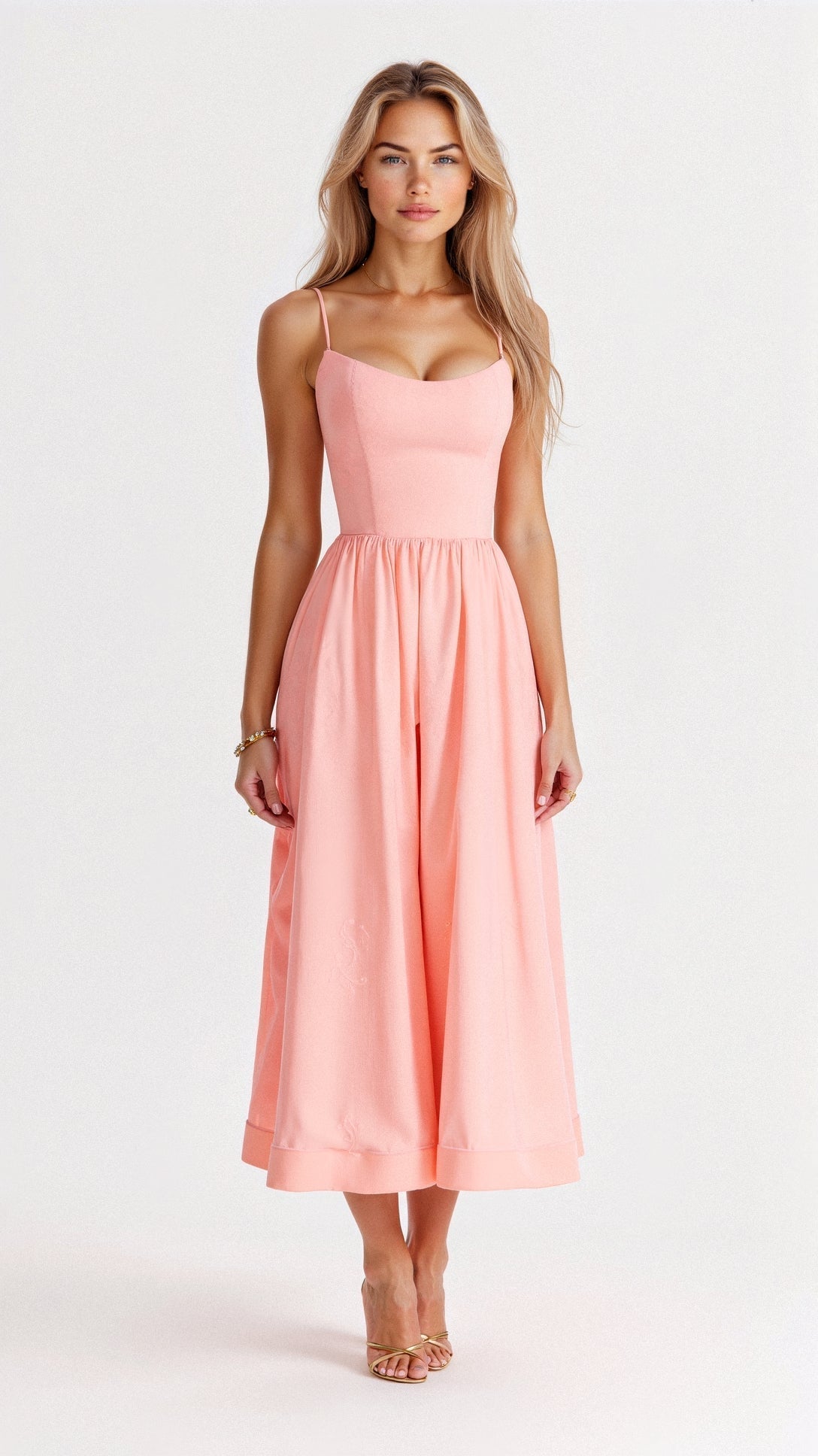 Women's Midi Dress with Spaghetti Straps and A-Line Silhouette