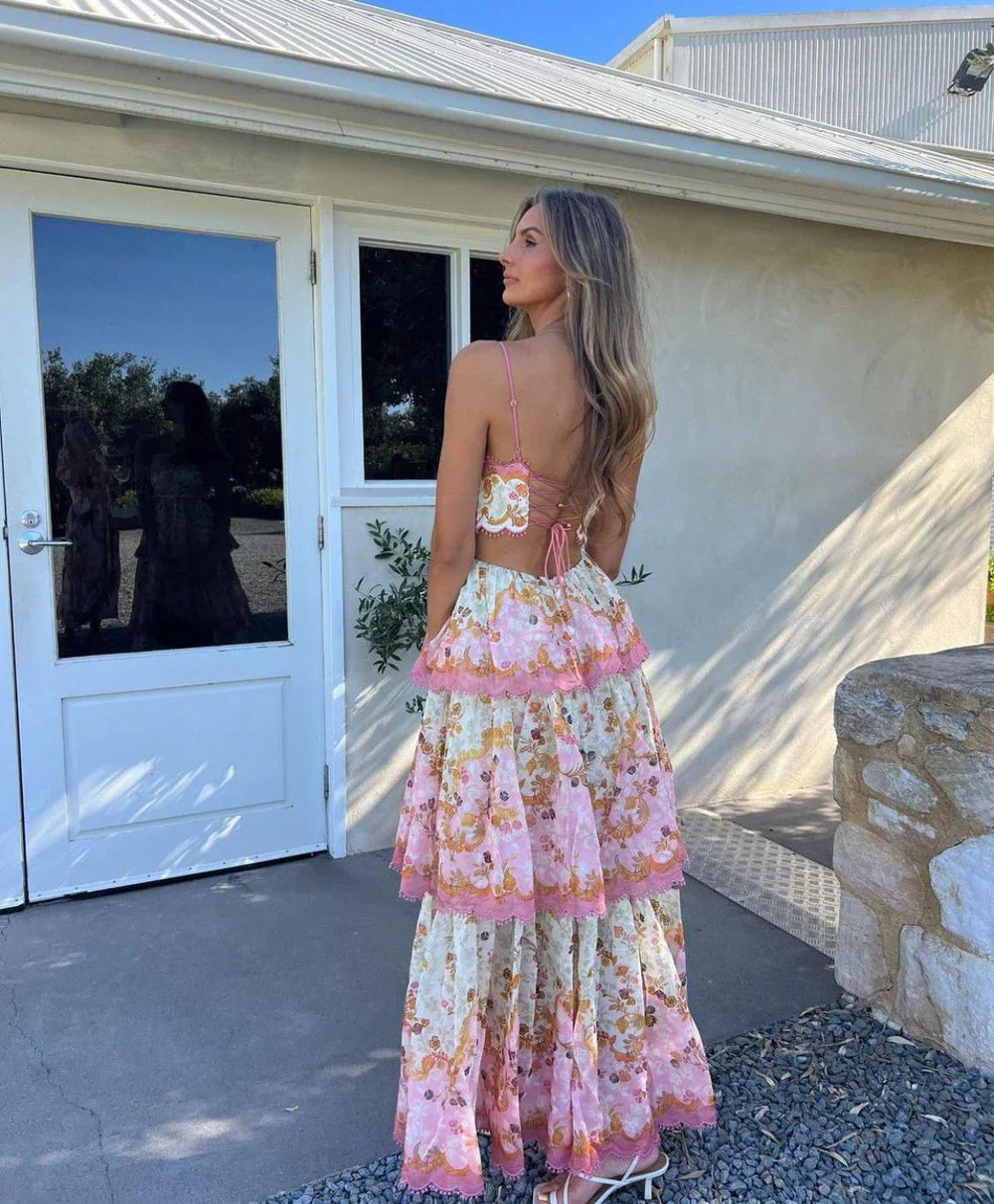 Women's Tiered Maxi Dress with Spaghetti Straps and Floral Print