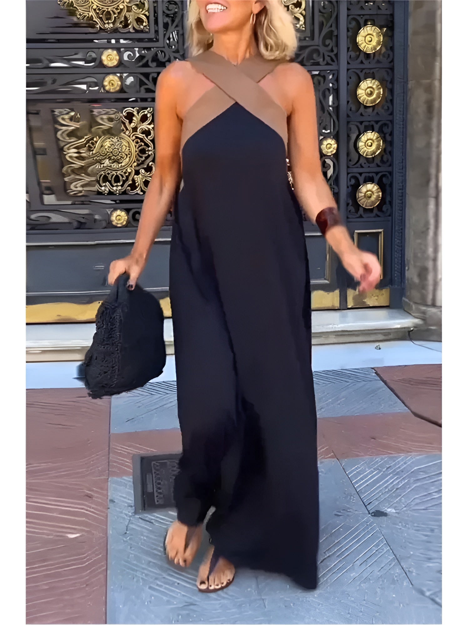 Women's Sleeveless Maxi Dress with Crossed Halter Neckline