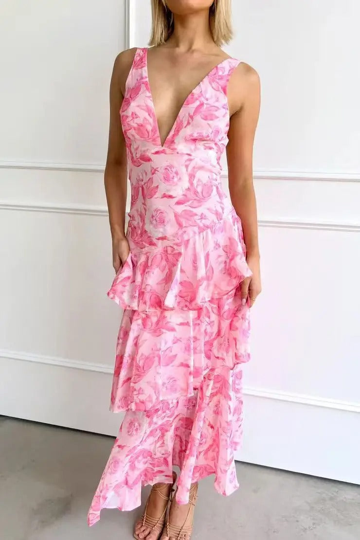 Women's Sleeveless Layered Maxi Dress with Deep V-Neck and Ruffle Hem