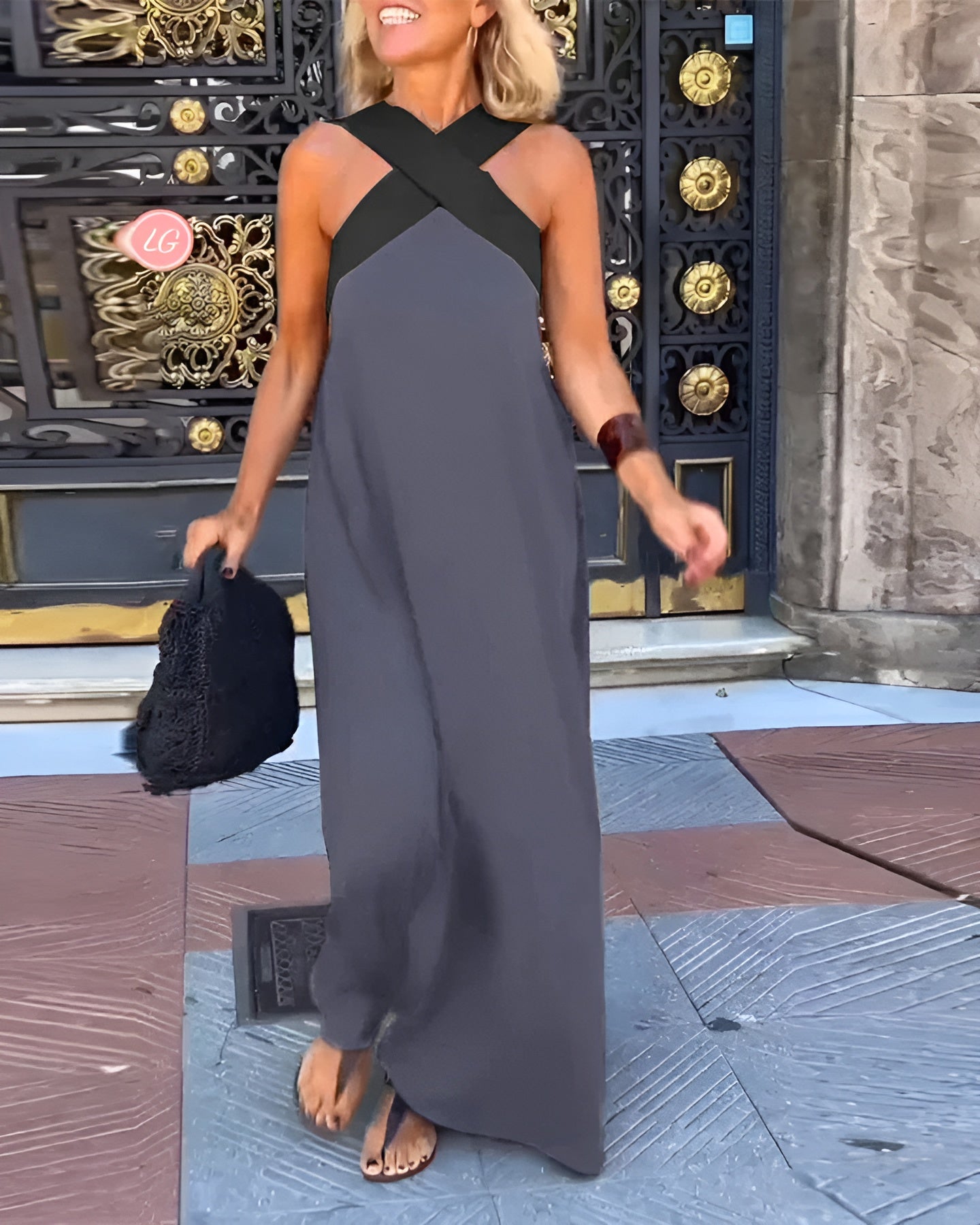 Women's Sleeveless Maxi Dress with Crossed Halter Neckline
