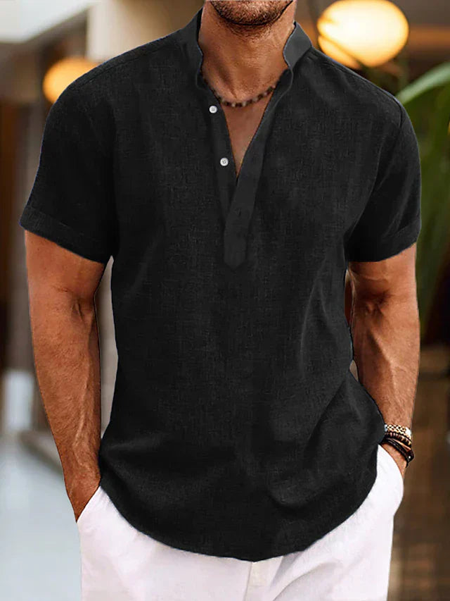 Silas Linen Shirt for Men – Short Sleeve, Breathable Henley Collar Shirt for Summer