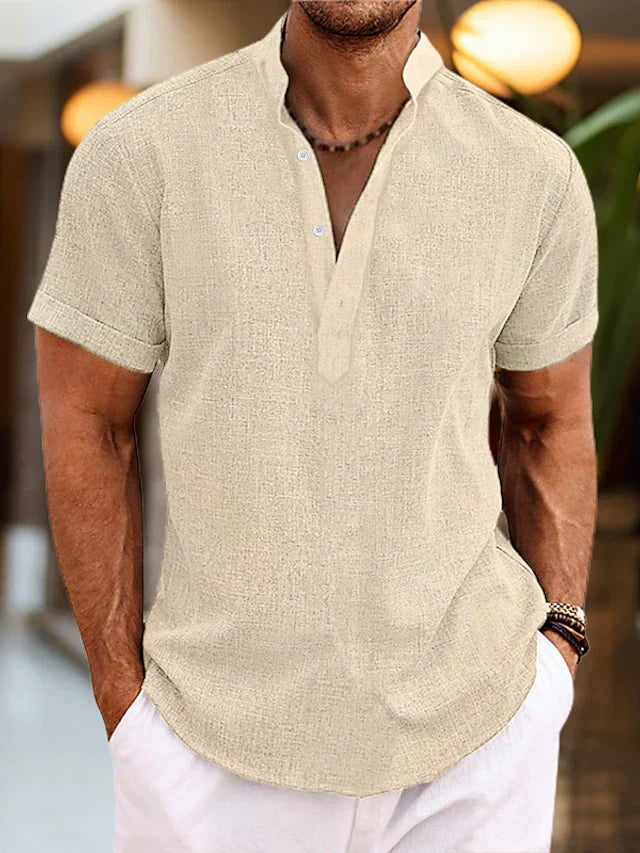 Silas Linen Shirt for Men – Short Sleeve, Breathable Henley Collar Shirt for Summer